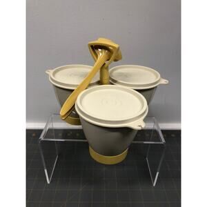 Vintage Tupperware Condiment Caddy 3 Bowls, lids & Spoons Beige/Gold Complete